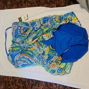 NWT Ralph Lauren Blue Flyaway Bandeau Swimsuit Size 10